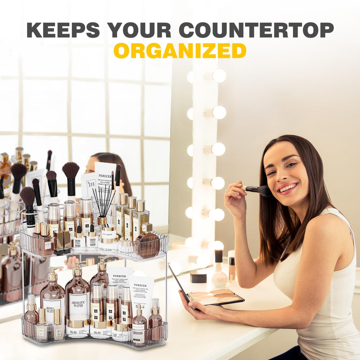 Asayuee 2-Tier Corner Bathroom Counter Organizer with Top Toothbrush Holders,Large Makeup Organizer Countertop with Brush Holder,Skincare Organizers Corner,Exquisite Vanity Organizer(Clear, 2 Tier) Asayuee