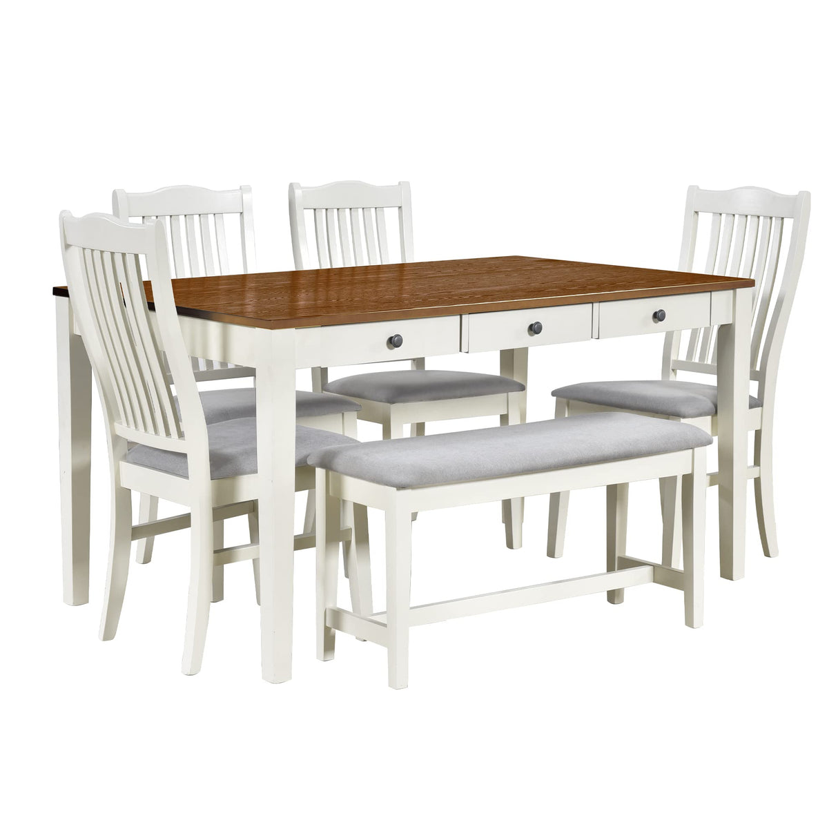 Harper & Bright Designs 6 Piece Wooden Dining Table Set with 4 Upholstered Dining Chair and Bench, Kitchen Table Set with Drawer, Family Dining Furniture for 6 People (Butter Milk) Harper & Bright Designs