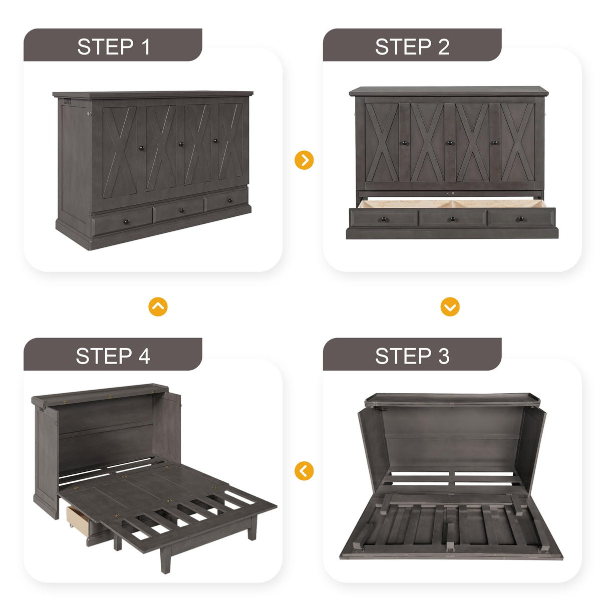 Harper & Bright Designs Queen Size Murphy Bed, Solid Pine Queen Murphy Frame Chest Cube Cabinet Bed with Charging Station and Large Drawer for Home Office or Small Room, Gray Harper & Bright Designs