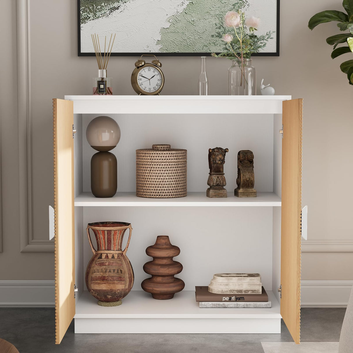 TUSY 4-Piece Large TV Stand with Bookshelves for TVs up to 75”, Wall Unit Entertainment Center with Doors, TV Cabinet for Living Room, Bedroom & Home Theater, White TUSY