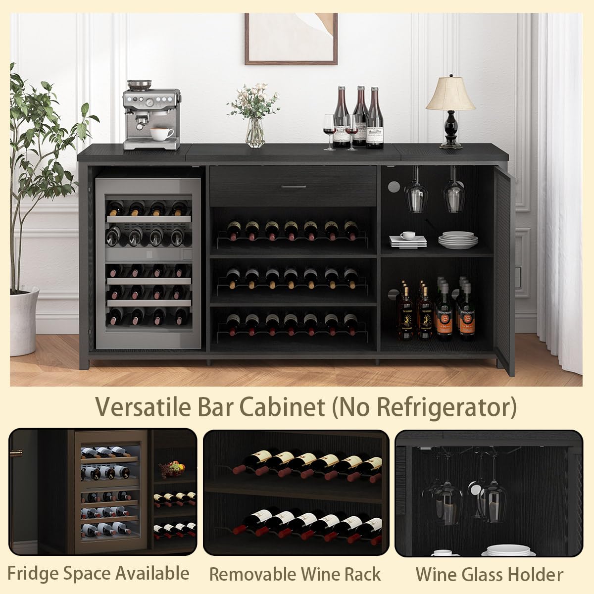 LVB Long Coffee Bar Cabinet with Fridge Space, Modern Wood Metal Large Wine Liquor Cabinet with Rack, Big Wide Sideboard Buffet Cabinet with Drawer Storage for Kitchen Dining Room, Black Oak, 70 Inch LVB