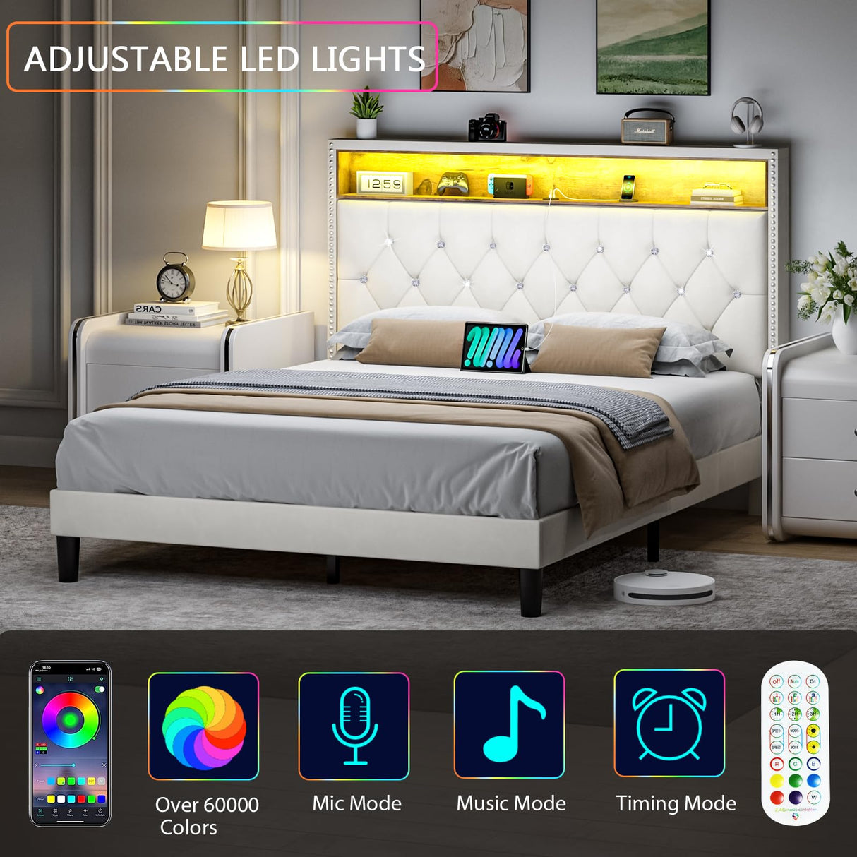 HOMBCK Full Size Bed Frame with LED Lights, Velvet Upholstered Bed with Charging Station and Storage Headboard, Modern Bed Frame with Diamond Design, No Box Spring Needed, Easy Assembly, White HOMBCK