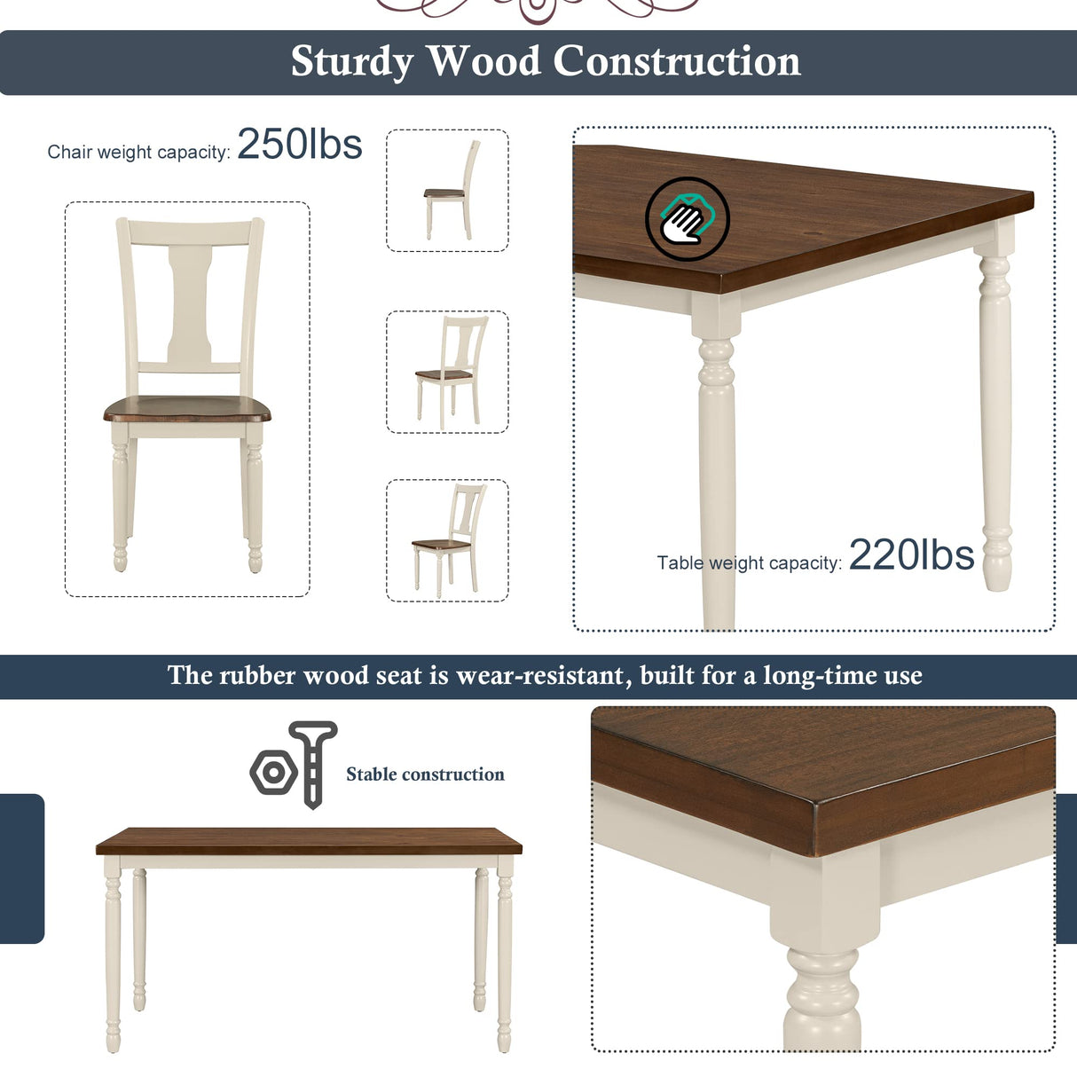 LUMISOL Farmhouse Style 6 Piece Dining Table Set with Bench Includes 60" Rectangular Kitchen Table, 4 Chairs & Bench, Brown+Cottage White LUMISOL