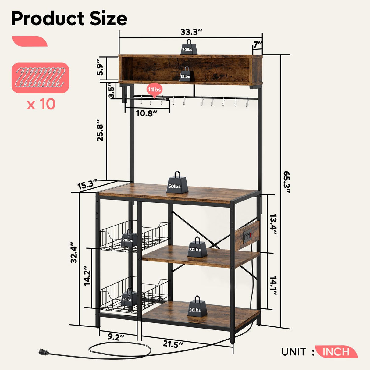 Bestier Rustic Brown 5-Tier Bakers Rack with Power Outlet and Storage Solutions Bestier