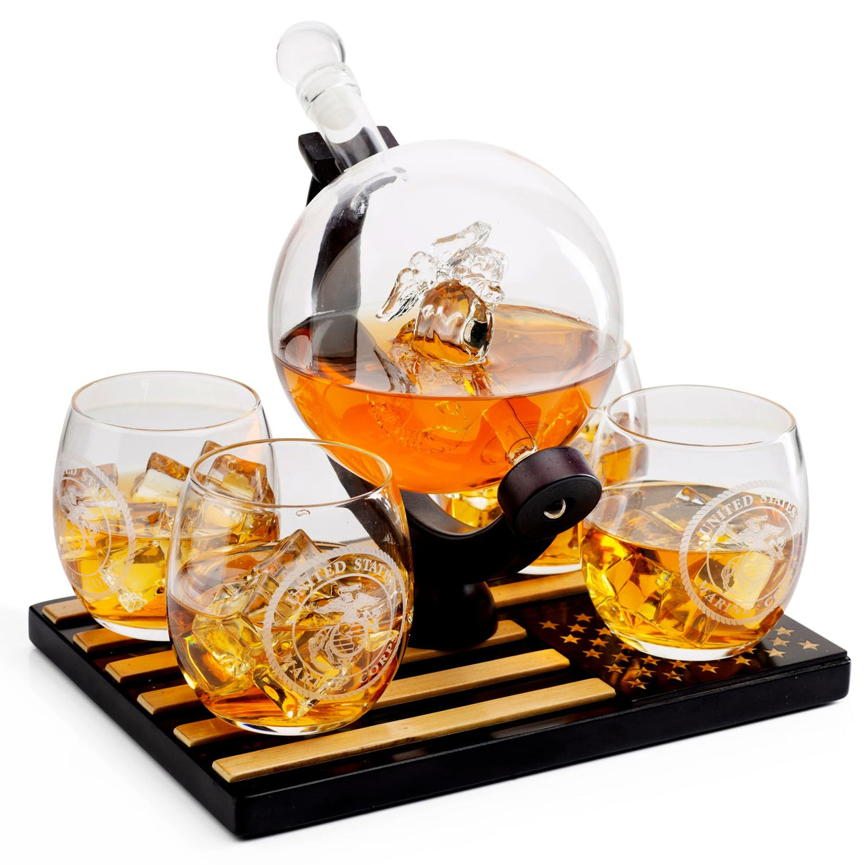 U.S. Marine Globe Whiskey Decanter Set with 4 Liquor Glasses - Wood Flag Base Marine Veteran Gift Set - Navy Gifts Men, Dad, U.S.A Flag - Bourbon & Scotch Military Gift for Father The Wine Savant