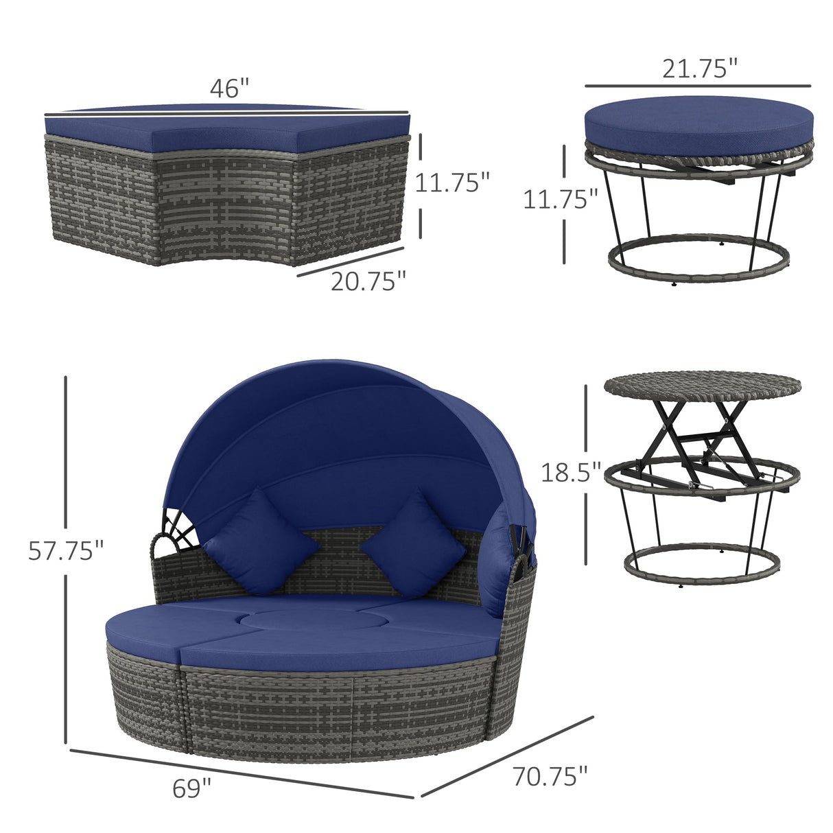 Outsunny 4 Piece Round Rattan Daybed, Convertible Patio Furniture Set, Adjustable Sun Canopy, Sectional Outdoor Sofa, 2 Chairs, Extending Tea Table Ottoman Chair, 3 Pillows, Dark Blue Outsunny