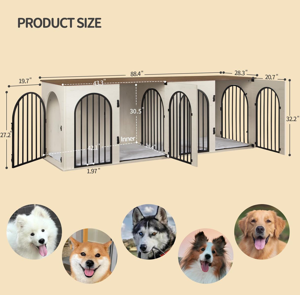 Hzuaneri 88.4" Dog Crate Furniture for 2 Dogs, Heavy Duty Indoor Dog Kennel TV Stand, XXL Wooden Dog Cage with Divider for Medium Large Dogs, End Table Dog Crate with Cushion, White Brown DFC84014BV1 Hzuaneri