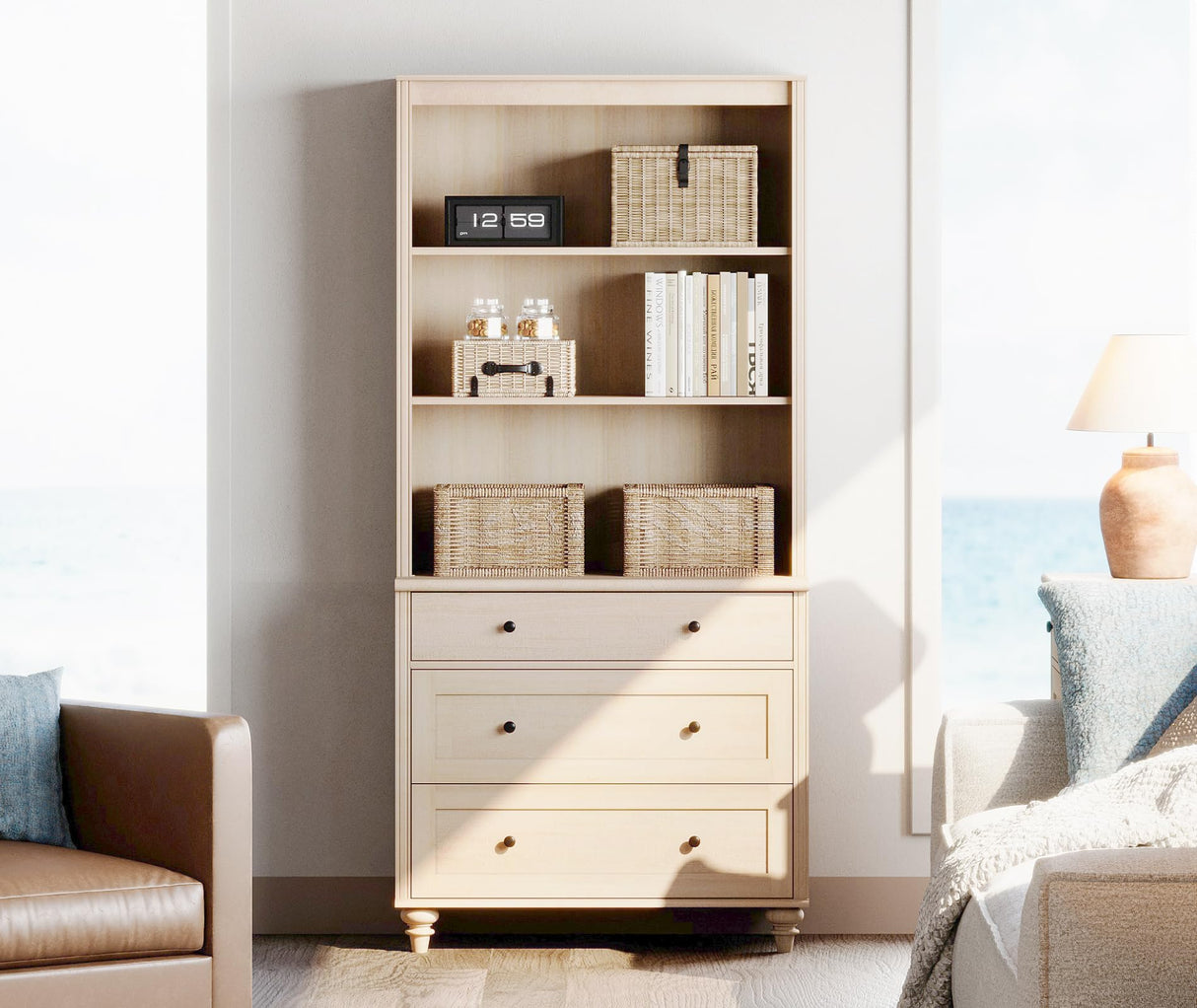 WAMPAT 3 Tier Bookshelf with 3 Drawers, 72" Tall Bookcase Large Farmhouse Display Book Case Shelf with 3-Tier Open Book Shelfs,Library Wood Bookshelves for Living Room,Kitchen, Light Oak WAMPAT