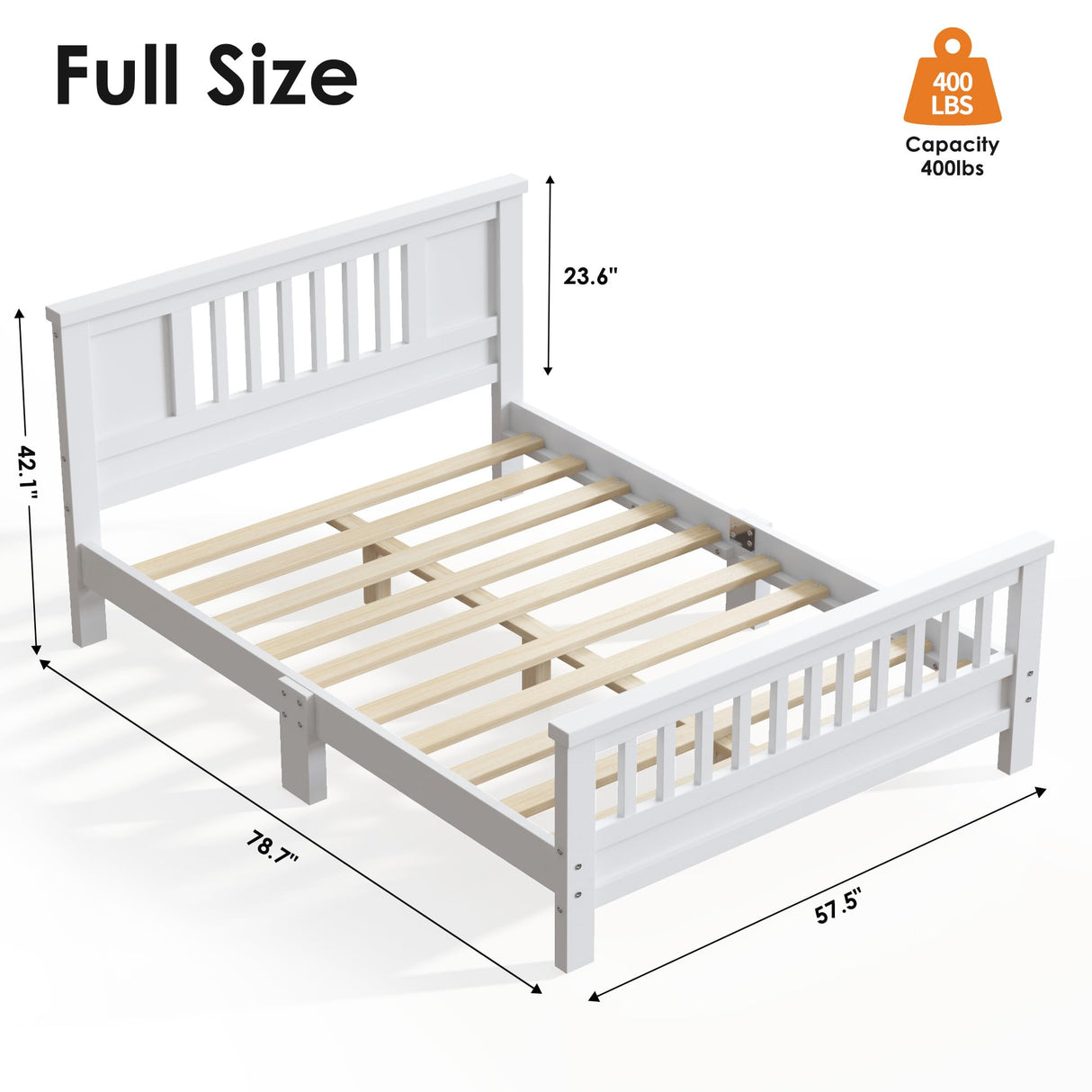 soges Full Bed with Headboard, Solid Wood Platform Bed for Teens Adults, Twin Size Bed Frame with Wood Slats Support, No Box Spring Needed, White soges