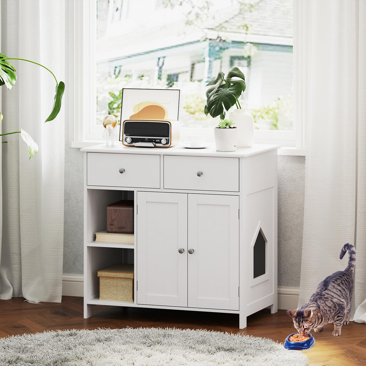 Tangkula Litter Box Enclosure, 31.5 Inch Enclosed Cat Box Cabinet with 2 Storage Drawers, Double Doors & 2 Open Shelves, Hidden Cat Washroom, Modern Cat Litter Box Furniture for Indoor Cats Tangkula