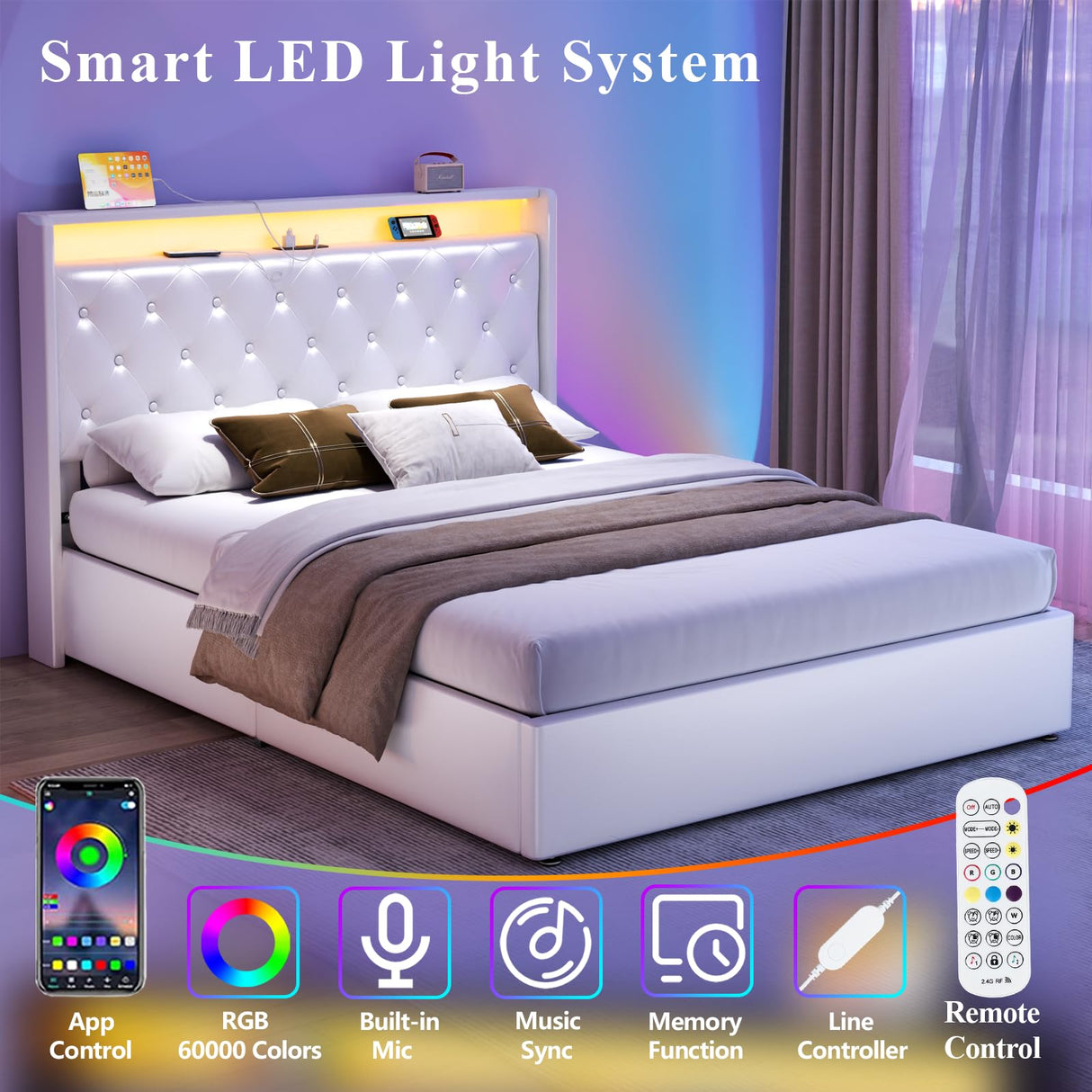 Loomie Queen Hydraulic Lift Bed Frame with LED Lights & Charging Station, White Leather Upholstered Wingback Design Loomie
