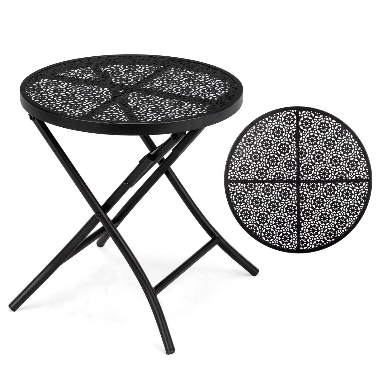 VINGLI Outdoor Folding Side Table with Chic Hollow Pattern and Durable, Rust-Resistant Black-Coated Iron Patio Bistro Table Suitable for Indoor & Outdoor Porch, Deck, Balcony and Pool VINGLI