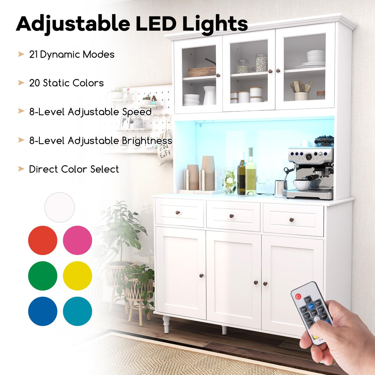 Giantex 77” Large Pantry Cabinet, Kitchen Buffet Hutch w/LED Lights 20 Colors, Outlet, 3 Drawers, Microwave Countertop, Freestanding Cupboard with 4 Adjustable Shelves & Tempered Glass Doors (White) Giantex