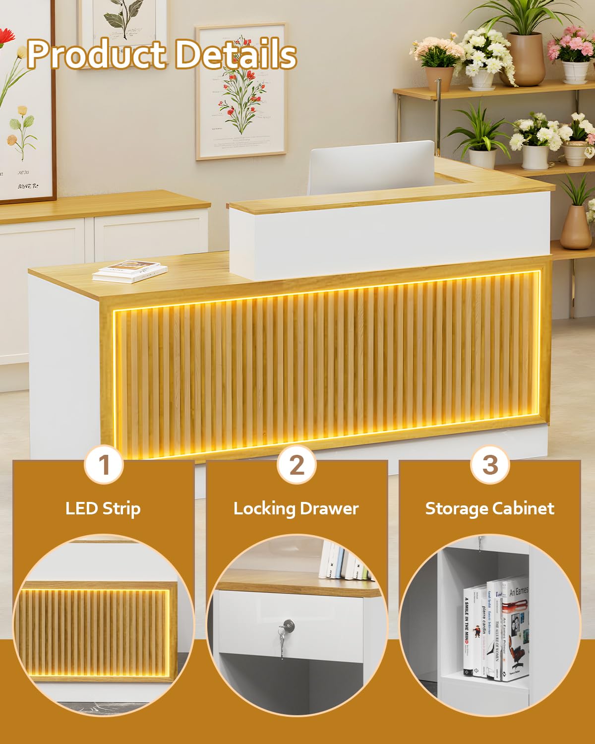 Modern Reception Desk, Solid Wood Reception Desk with Counter, Check Out Stand with Lockable Drawer & Cabinet, Retail Checkout Counter for Office, Store, Beauty Salon (L-Shaped-Long Grille-R, 71in) Gguileb