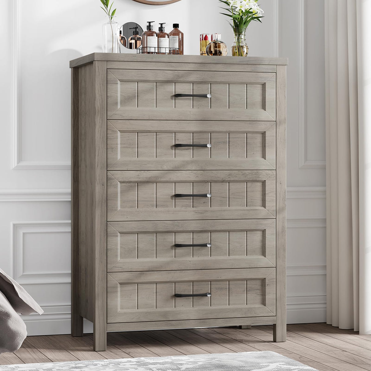 Jocoevol 5 Drawer Dresser for Bedroom, Farmhouse Dresser with Deep Drawers, Tall Grey Dresser Wooden Dresser Chest of Drawers for Living Room, Hallway, Entryway (Grey, 5 Drawer) Jocoevol
