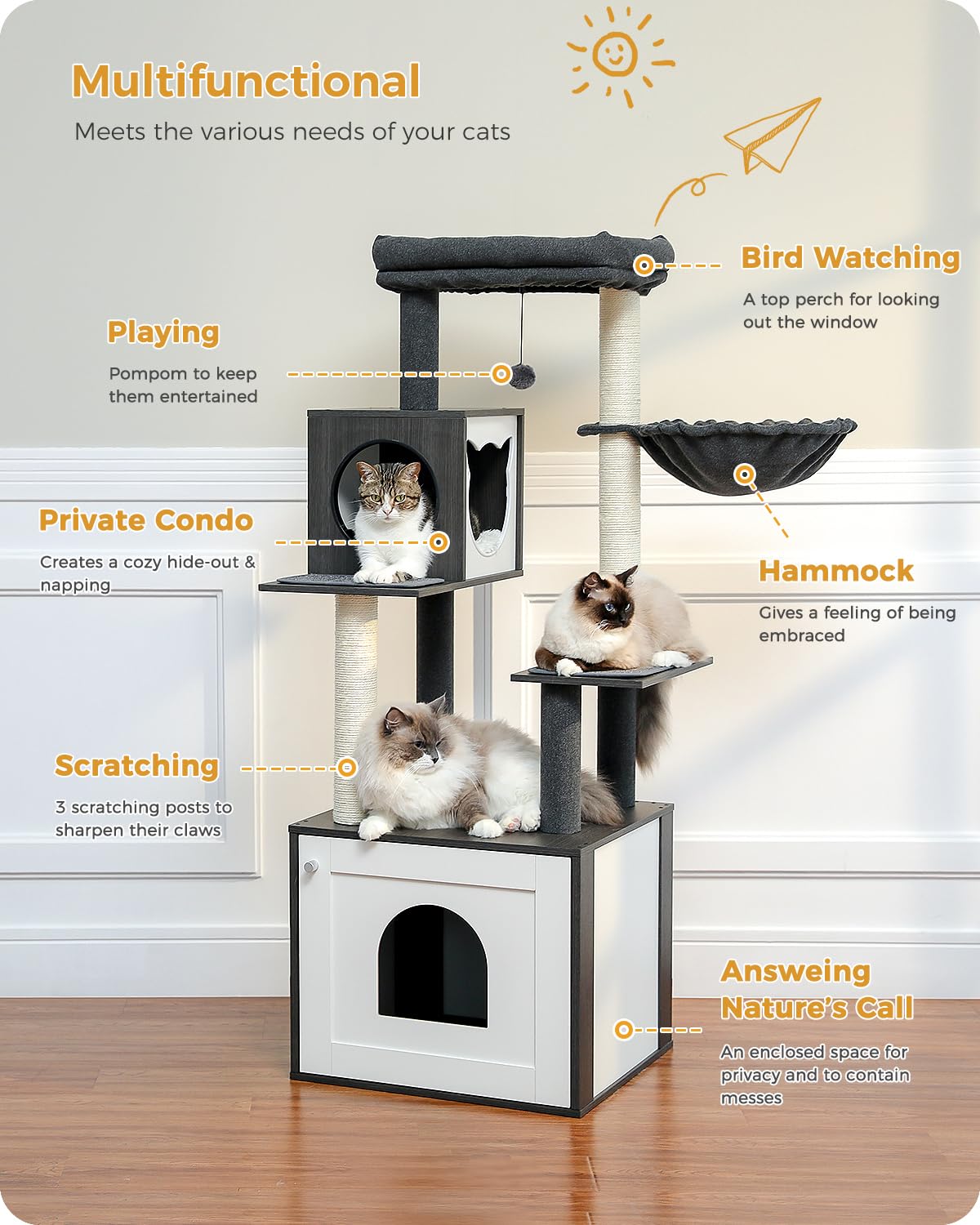 PETEPELA 56.7" Cat Tree with Litter Box Enclosure Large, Wood Cat Tower for Indoor Cats with Storage Cabinet and Cozy Cat Condo, Sisal Covered Scratching Post and Repalcable Dangling Balls, Black PETEPELA