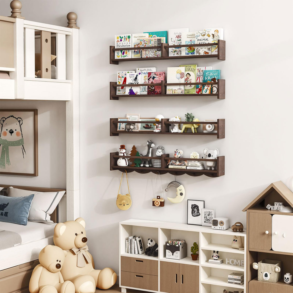 ECOOCE 34Inch Nursery Bookshelves,Set of 4,Wall Floating Shelf Kids Coat Rack with 6Hooks,Hanging Book Shelf for Baby Nursery Room Décor (Dark Brown, 34) ECOOCE