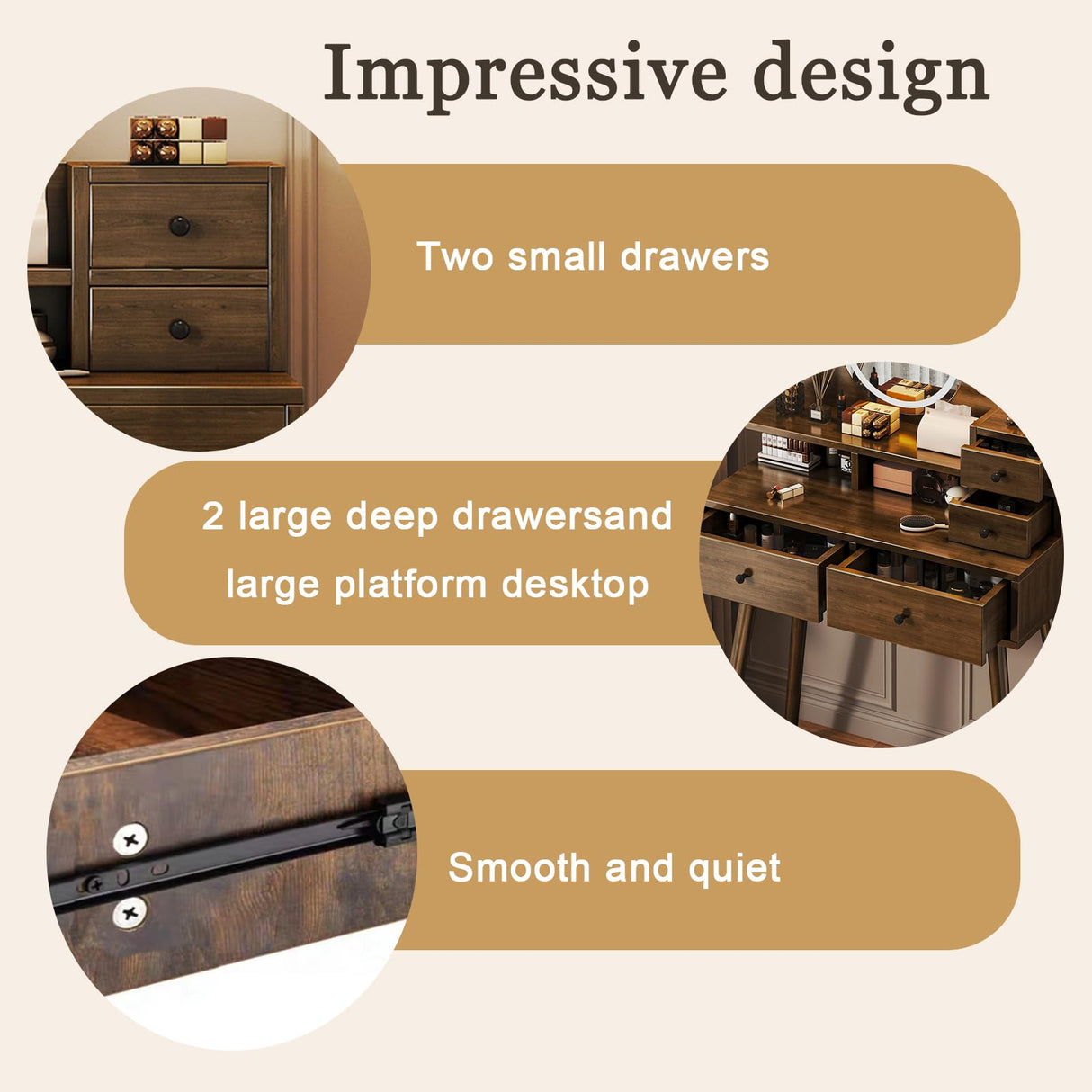 EOQIFJM Small Vanity Desk Set with Mirror and Lights, Makup Table with Chargin & 4 Storage Drawers,Station for Compact Space Bedroom (Brown) EOQIFJM