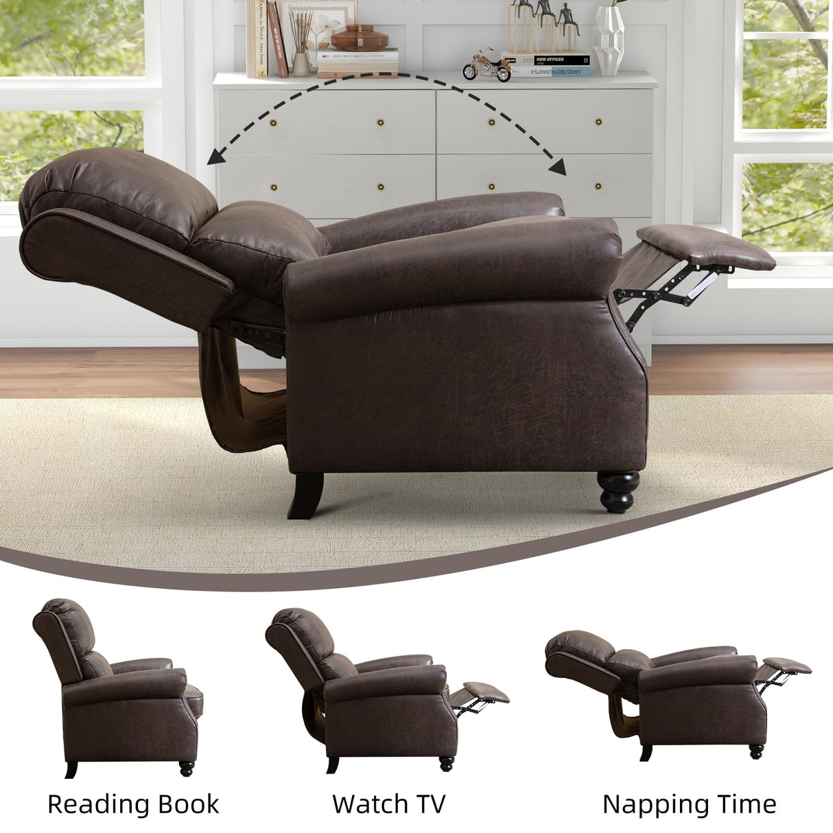 IOMOR Push Back Recliner Chair Faux Leather Lounge Armchair with Rivet Decoration Wingback Single Sofa Chair with Padded Seat Solid Wood Legs for Living Room, Comfy Upholstered, Dark Grey IOMOR