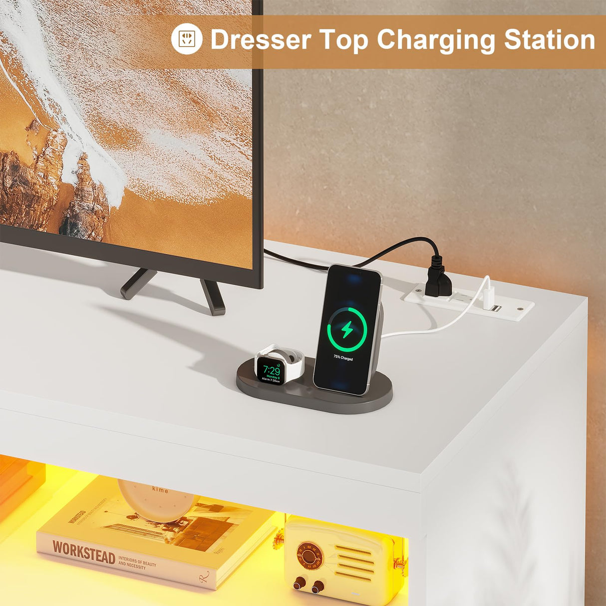 BTHFST 9 Drawer Dresser for Bedroom with Power Outlet & LED Lights, 56.7" W Chest of Drawers with Open Shelves, No-Handle Modern Dresser for Living Room, Entryway, White BTHFST