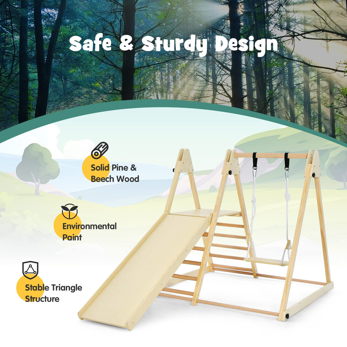 OLAKIDS Toddlers Triangle Climbing Set, 4 in 1 Foldable Kids Wood Montessori Climber Ladder with Ramp, Slide and Swing, Indoor Playground Jungle Play Gym Structure for Boys Girls Olakids