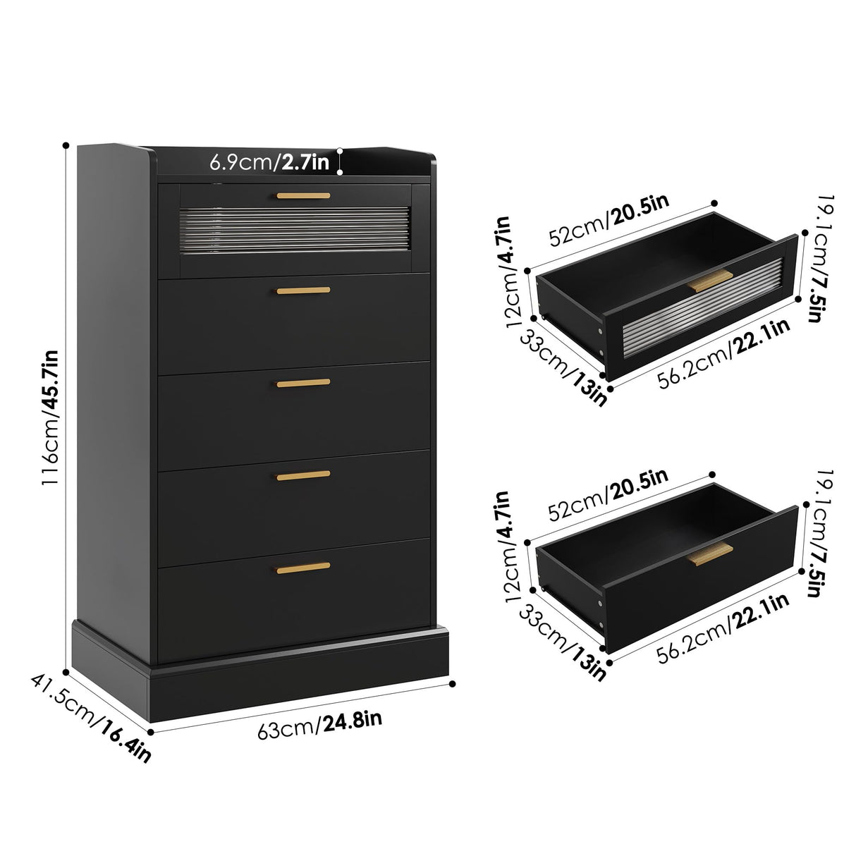 HOSTACK Modern 5 Drawer Dresser, Tall White Dresser Chest of Drawers with Gold Handles, Wood Dresser Storage Cabinet with Anti-Drop Fence & Fluted Glass for Living Room, Hallway, Entryway, Black HOSTACK