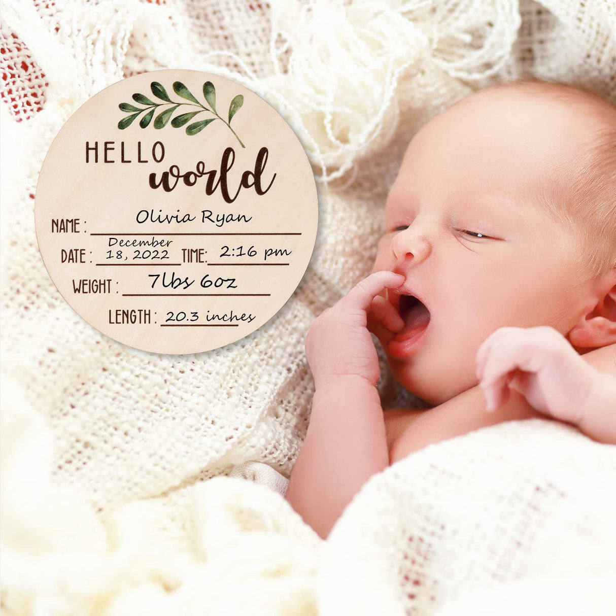 Baby Announcement Sign for Newborn - Beautiful Double-Sided Hello World Name Sign for Hospital Birth Announcement, The Perfect Round Wooden Welcome Giftacity