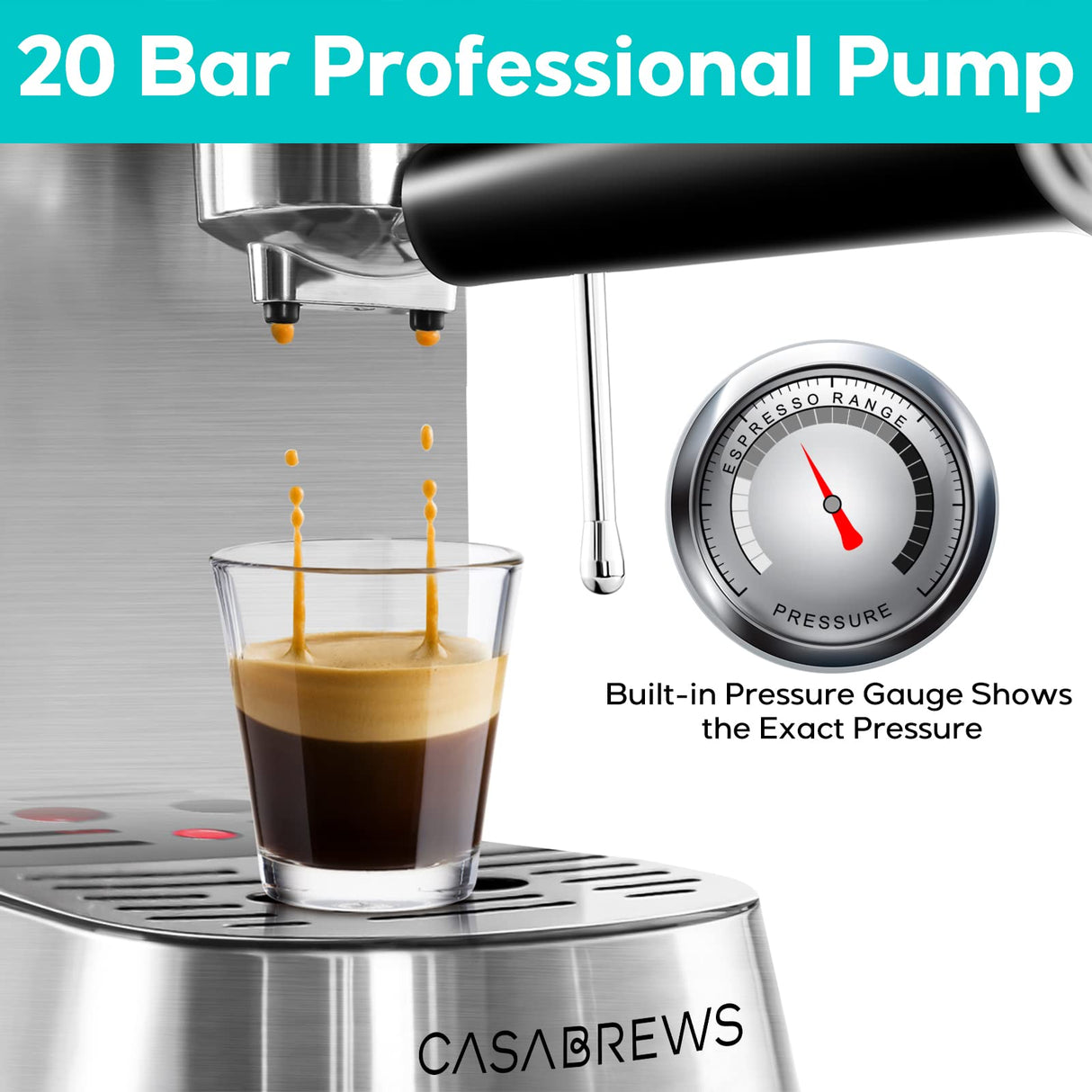 CASABREWS Espresso Machine 20 Bar, Compact Espresso Maker with Steam Milk Frother, Stainless Steel Coffee Machine with 34oz Removable Water Tank for Cappuccino, Latte, Silver CASABREWS