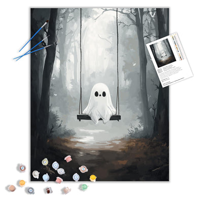 Dark Forest Paint by Number Kits for Aldults, Ghost on The Swing Oil Painting Acrylic Paints on Canvas, Funny Ghost Hand-Painted Gift for Study Bedroom Home Decor(16×20inches, No Frame)