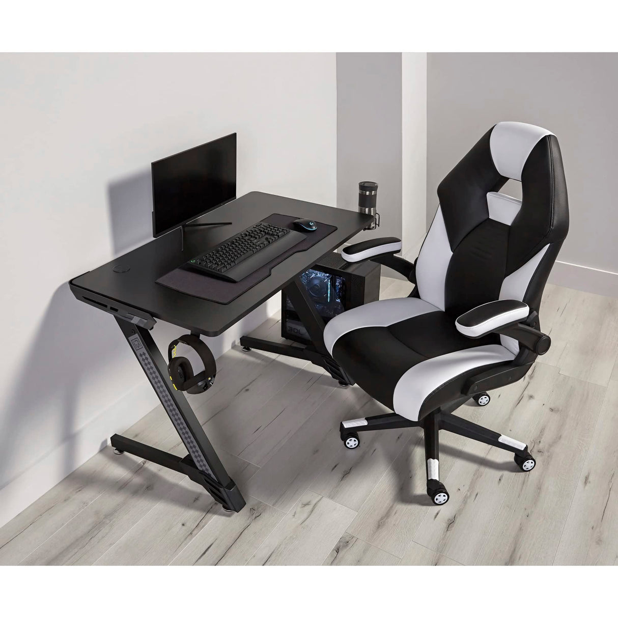RS Gaming™ RGX Faux Leather High-Back Gaming Office Chair, Black/White, BIFMA Compliant Realspace