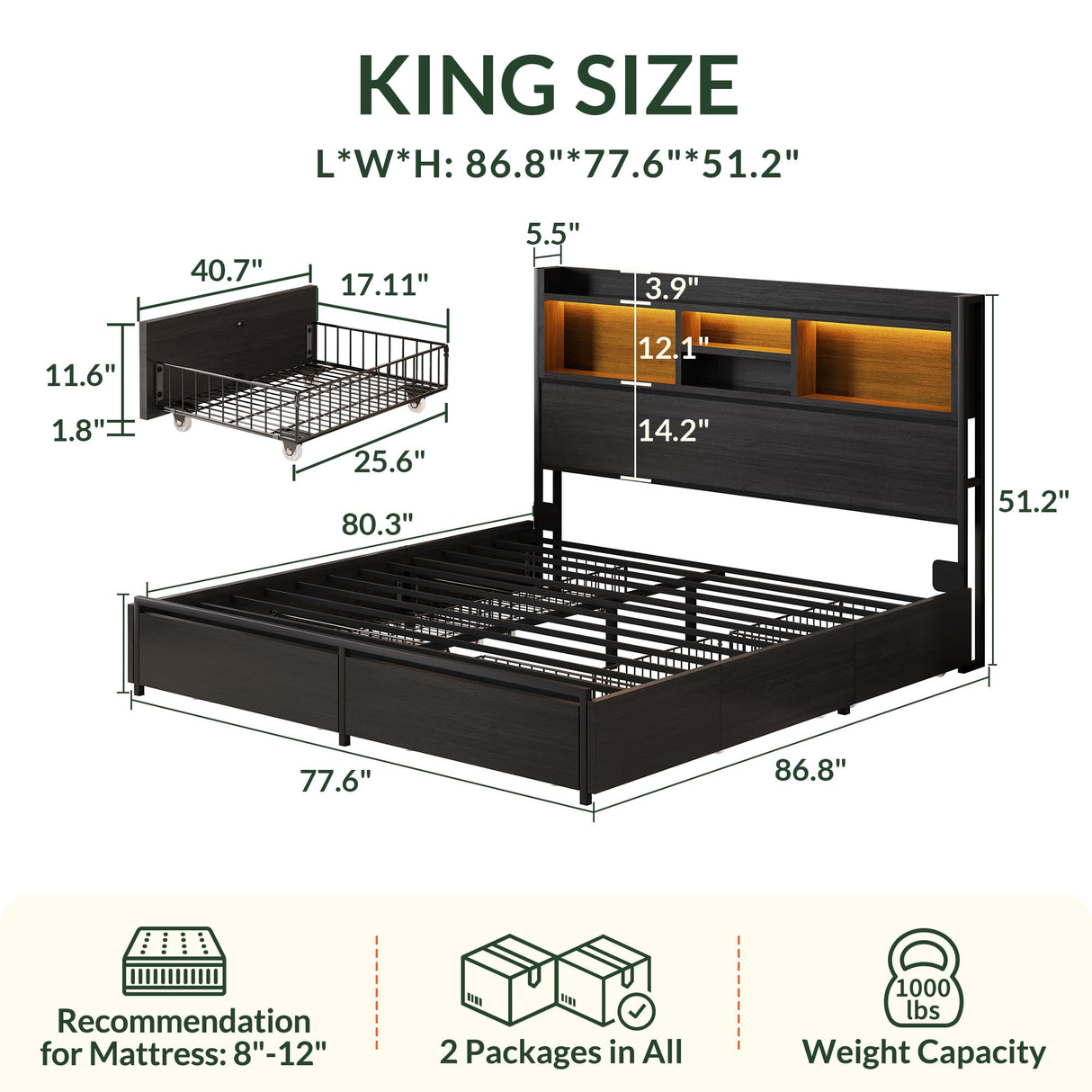 LARMACE King Size Bed Frame with 6 Storage Drawers and Headboard Wooden Platform Bed Frame with LED Lights and Charging Station Easy Assembly/No Box Spring Needed/Black LARMACE
