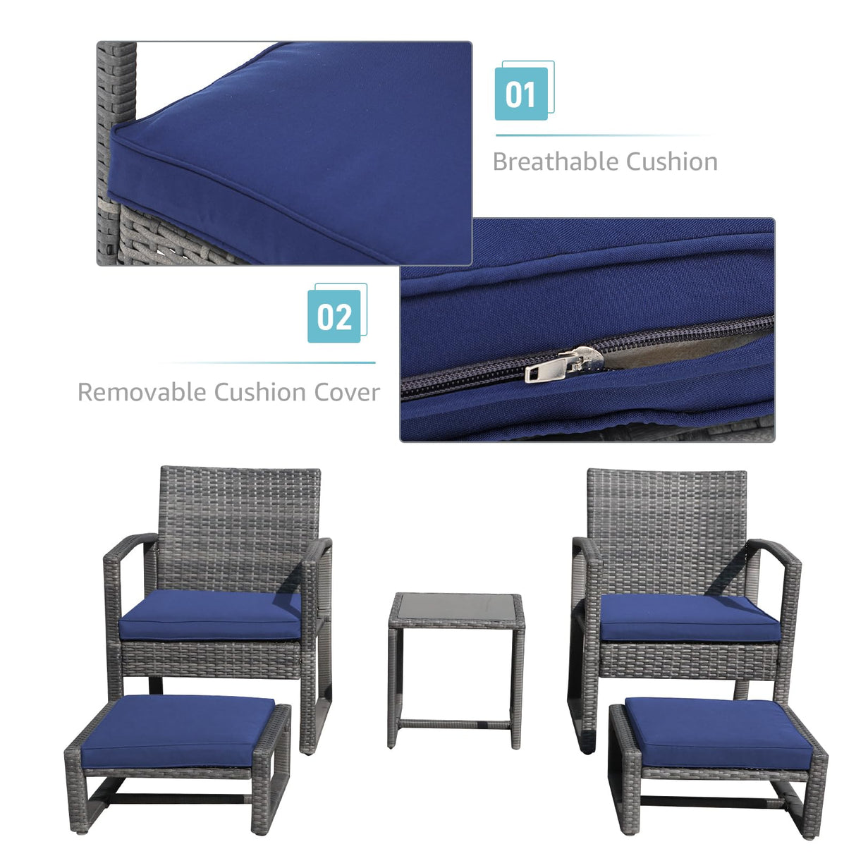 Patiorama 5 Piece Outdoor Patio Wicker Furniture Set, All Weather Grey PE Rattan Chair and Ottoman Footstool Set, W/Coffee Table, Cushions (Navy Blue) for Garden, Balcony, Porch, Space Saving Design Patiorama