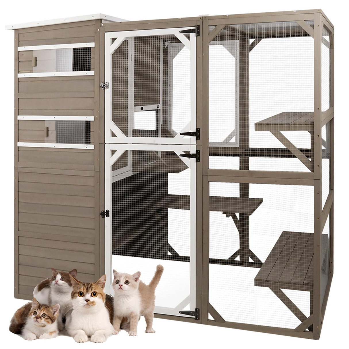 PetsCosset Catio Cat Enclosure Outdoor, Large Cat House Outdoor Weatherproof Attached to Window for Multi Cats, Asphalt and UV Protection Roofs, Multi Platforms-71 H 77" L PetsCosset