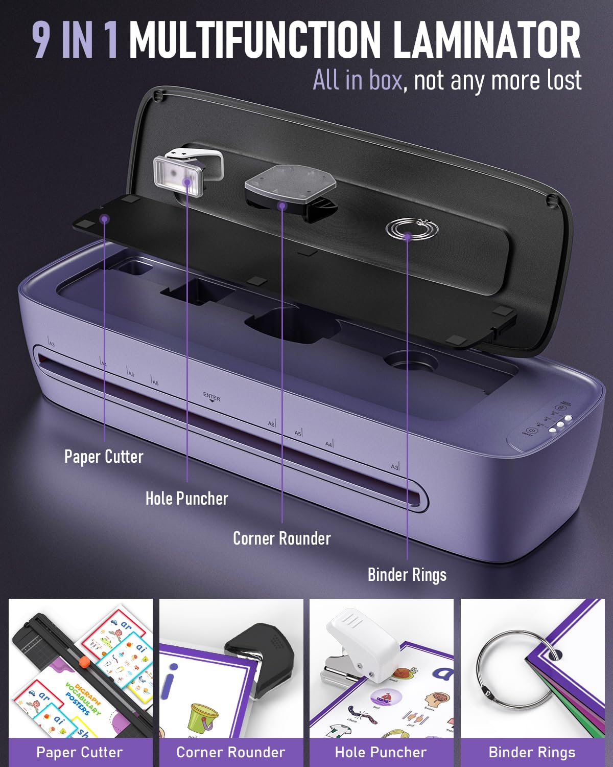 Laminator Machine 13 Inch Wide Thermal Lamination 9 in 1 Cold Hot A3 Laminating Machine for Teacher Personal, 60s Warm-Up No Jam laminator Machine 11x17 with 30 Laminating Sheets for Home Office Use Qfun