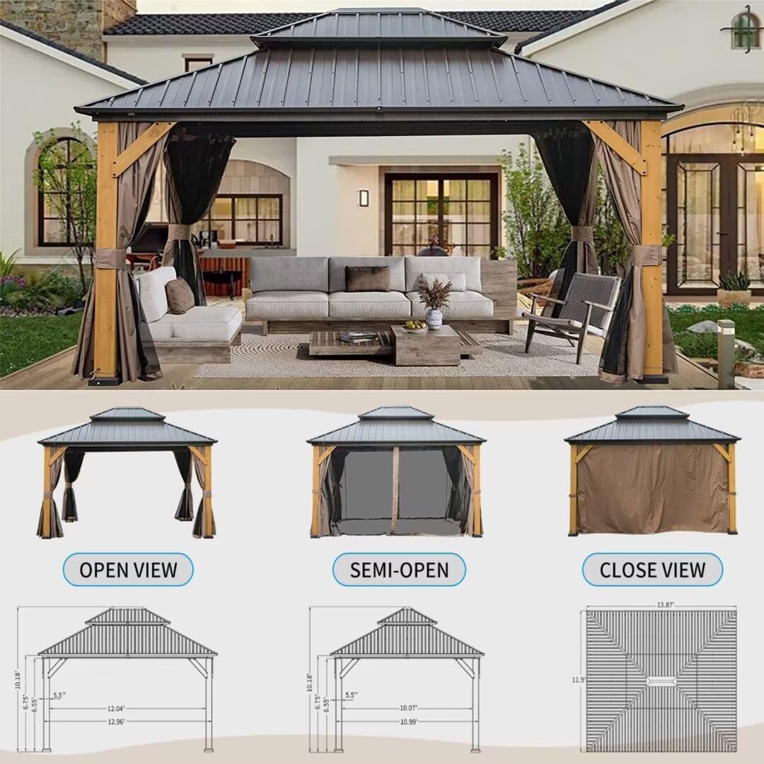 LPP-AWH 12'x14' Hardtop Gazebo with Cedar Wood Frame,Galvanized Steel Double Roof Gazebo Pavilion with Curtains and Netting - Outdoor Permanent Gazebo Canopy for Garden & Backyard (Brown) LPP-AWH