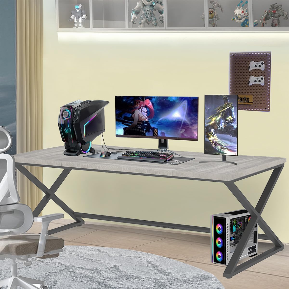 IBF Large Home Office Computer Desk, Industrial Long Work Study Writing Desk, Simple Executive Conference Table for 2 Person, Wood Metal Double Pc Gaming Workstation in Bedroom, Light Grey Oak, 70 in IBF