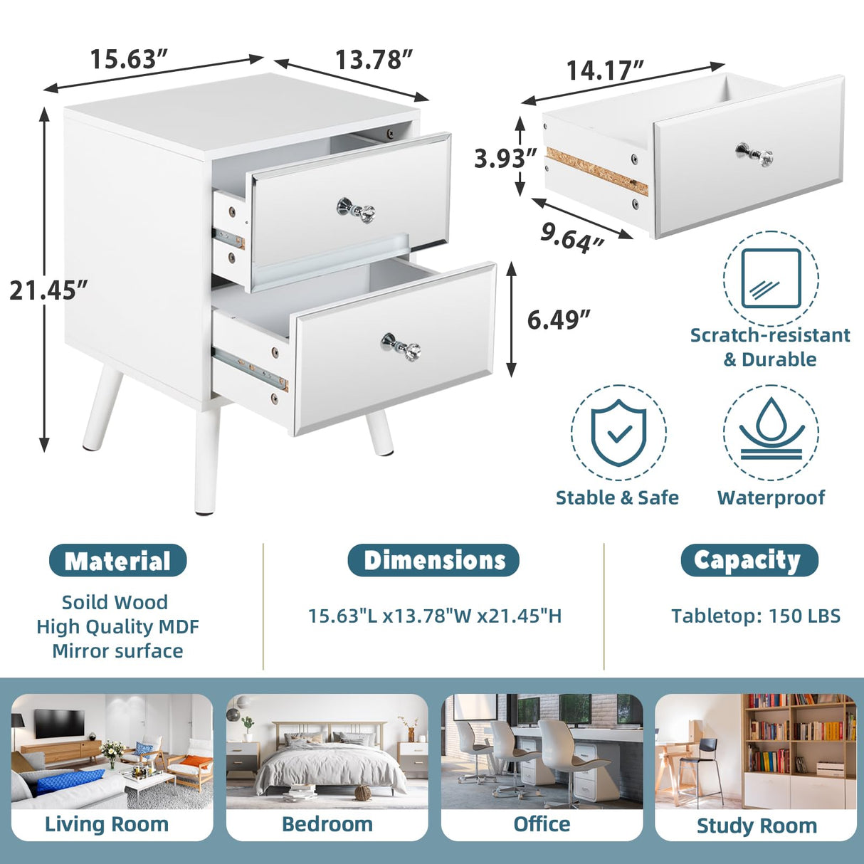 STHOUYN White Nightstand Set of 2, Mirrored Bedside Table Set of 2, Modern Bedroom Night Stands with 2 Drawer, Bed Side Table/Night Stand, End Tables Decorative Table Living Room (White) STHOUYN