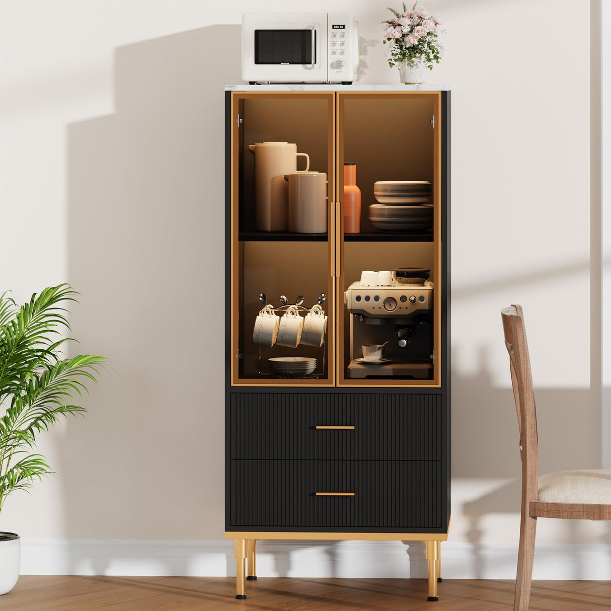 GarveeHome Fluted Storage Cabinet with Glass Door and 2 Drawers, Modern Display Storage Cabinet, Kitchen Pantry with Adjustable Shelves for Collectibles, Living Room, Office - Black GarveeHome