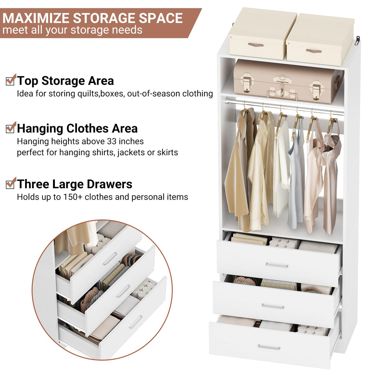 Besiost Freestanding 2FT Closet System with 3 Wood Drawers, 24" Closet Organizer System with Hanging Rod & Shelves, Walk-in Closet Systems for Small Closets, White (24"L x 15" W x 80" H) Besiost