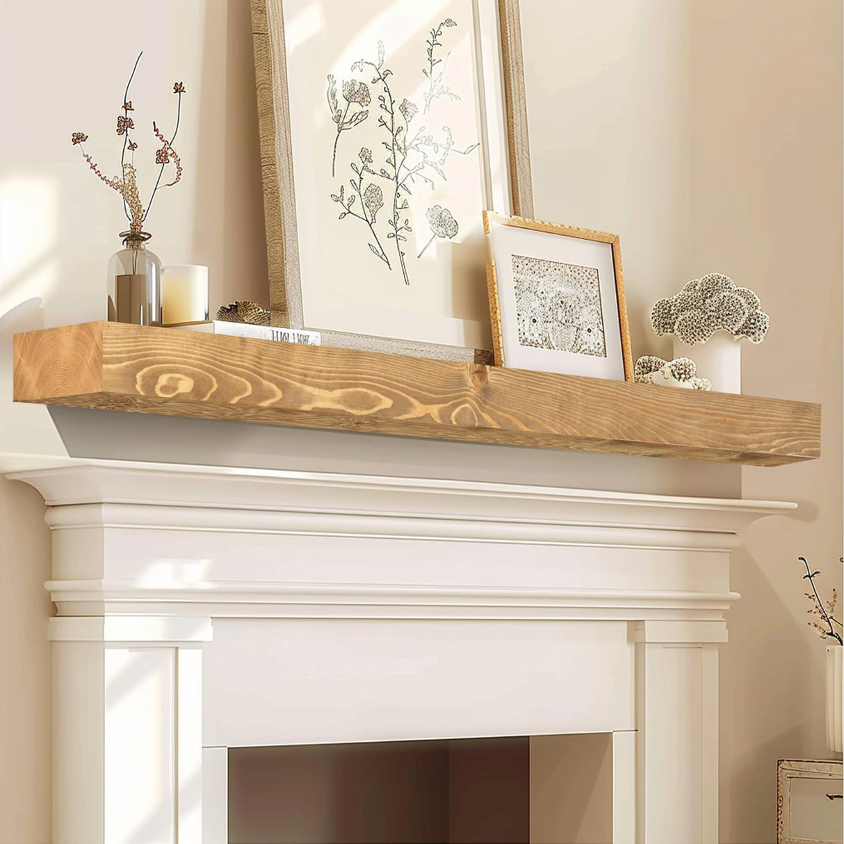 YLYHSST 60" Fireplace Mantel, 3'' Thick Handmade Rustic Solid Wood - Wall Long Floating Shelf with Invisible Metal Bracket, Wood Color YLYHSST