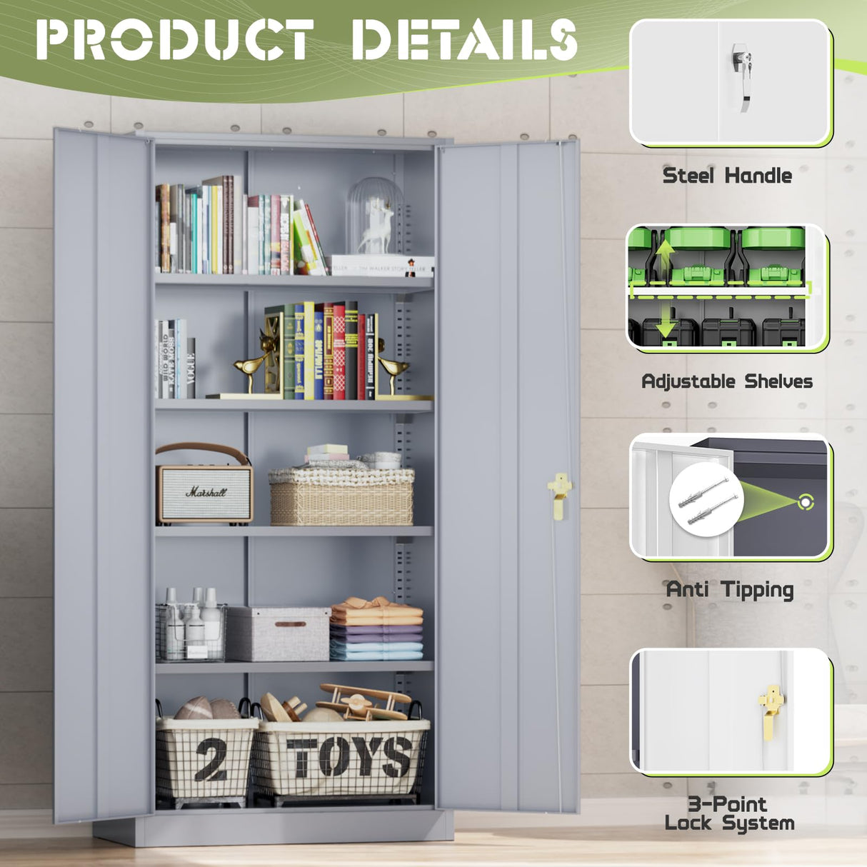 Incbruce 72” Metal Storage Cabinet, Locking Steel Storage Cabinet with 2 Doors and 4 Adjustable Shelves, Tall Lockable Tool Storage Cabinet for Garage, Home, Office (Cement Grey) Incbruce