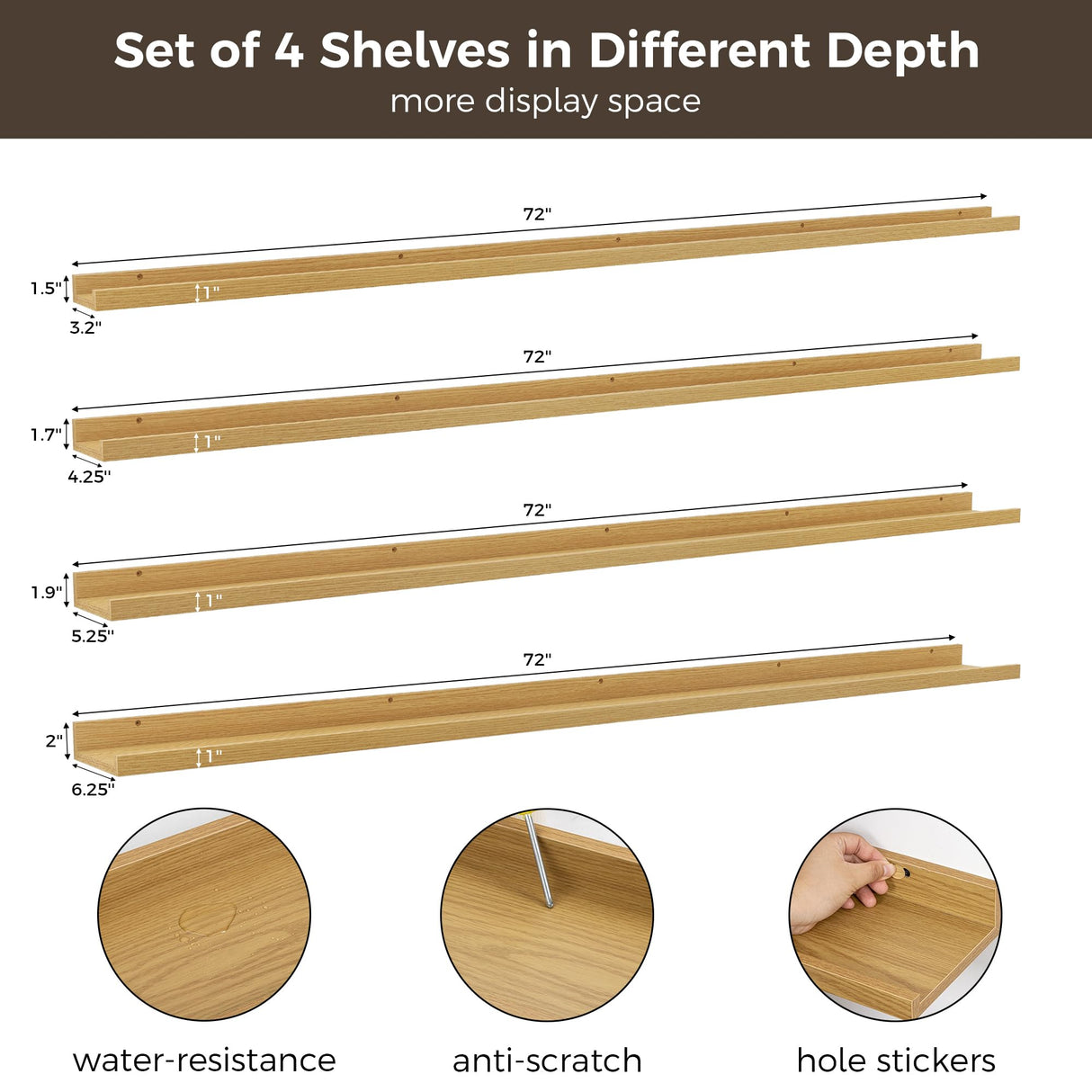 FLYJOE Picture Ledge Shelf for Wall, 72 inch Nursery Book Shelves 4 Packs, Large Floating Ledge Shelves for Kid's Room Bedroom Bathroom Living Room Photo Frames Office Nursery Wall Decor, Natural Oak FLYJOE