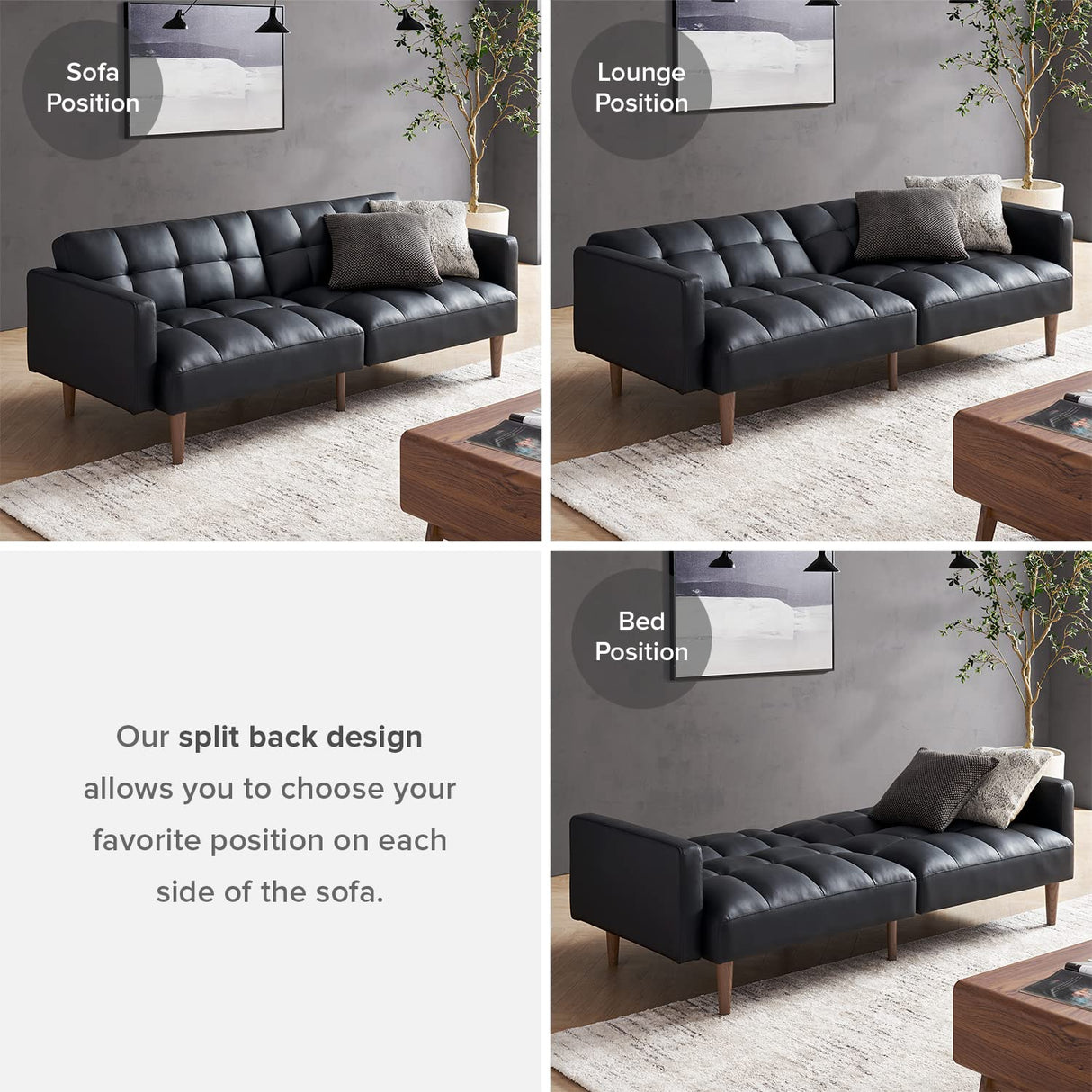 mopio Aaron 76.8" Couch, Small Futon Sofa Bed, Sleeper, Loveseat, Mid Century Modern Futon Couch, Sofa Cama, Couches for Living Room, Bedroom (Midnight Black, Faux Leather) mopio