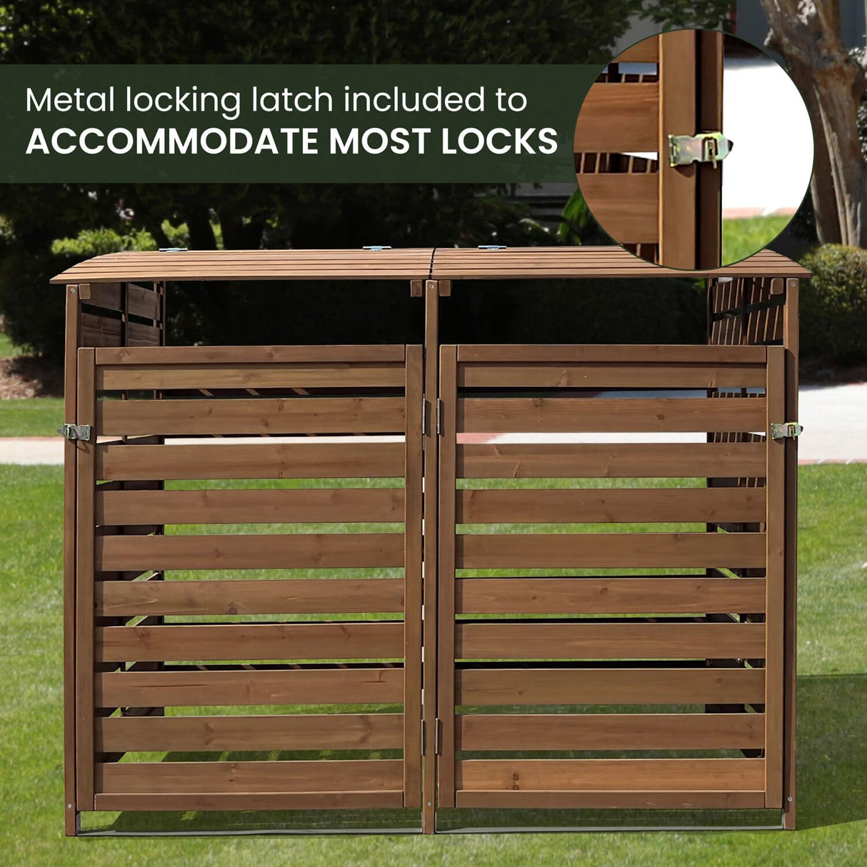 Hanover Outdoor 4.9-ft. x 4-ft. Wooden Trash Bin and Recyclables Storage Shed in Brown, Weather Resistant Trash Can Storage Container with Locking Latch for Yard, Carport, Driveway Hanover