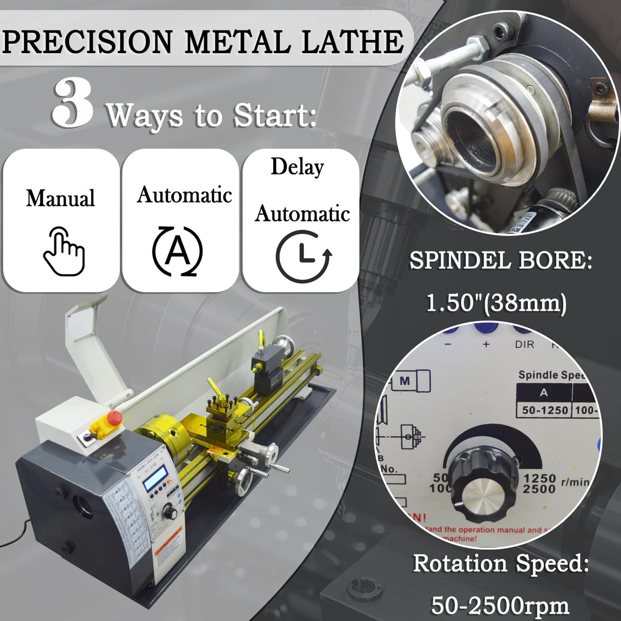 INTBUYING 8"x32" Benchtop Metal Lathe Machine 1100W Brushless Gearless Motor 50-2500RPM, Horizontal Design for Precision Metal/Wood Working Imperial/Metric Conversion, RC-210E 110V INTBUYING