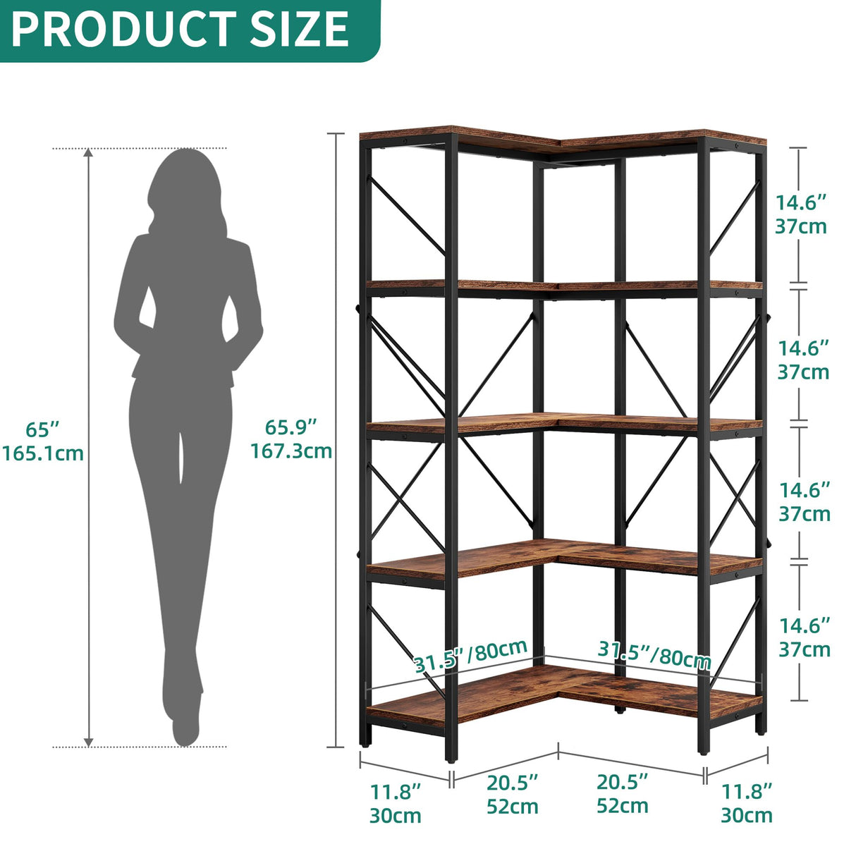 YITAHOME Corner Bookshelf, Industrial Corner Shelf 5 Tier Bookcase, Large Display Rack Storage for Bedroom, Living Room, Home Office,Rustic Brown YITAHOME