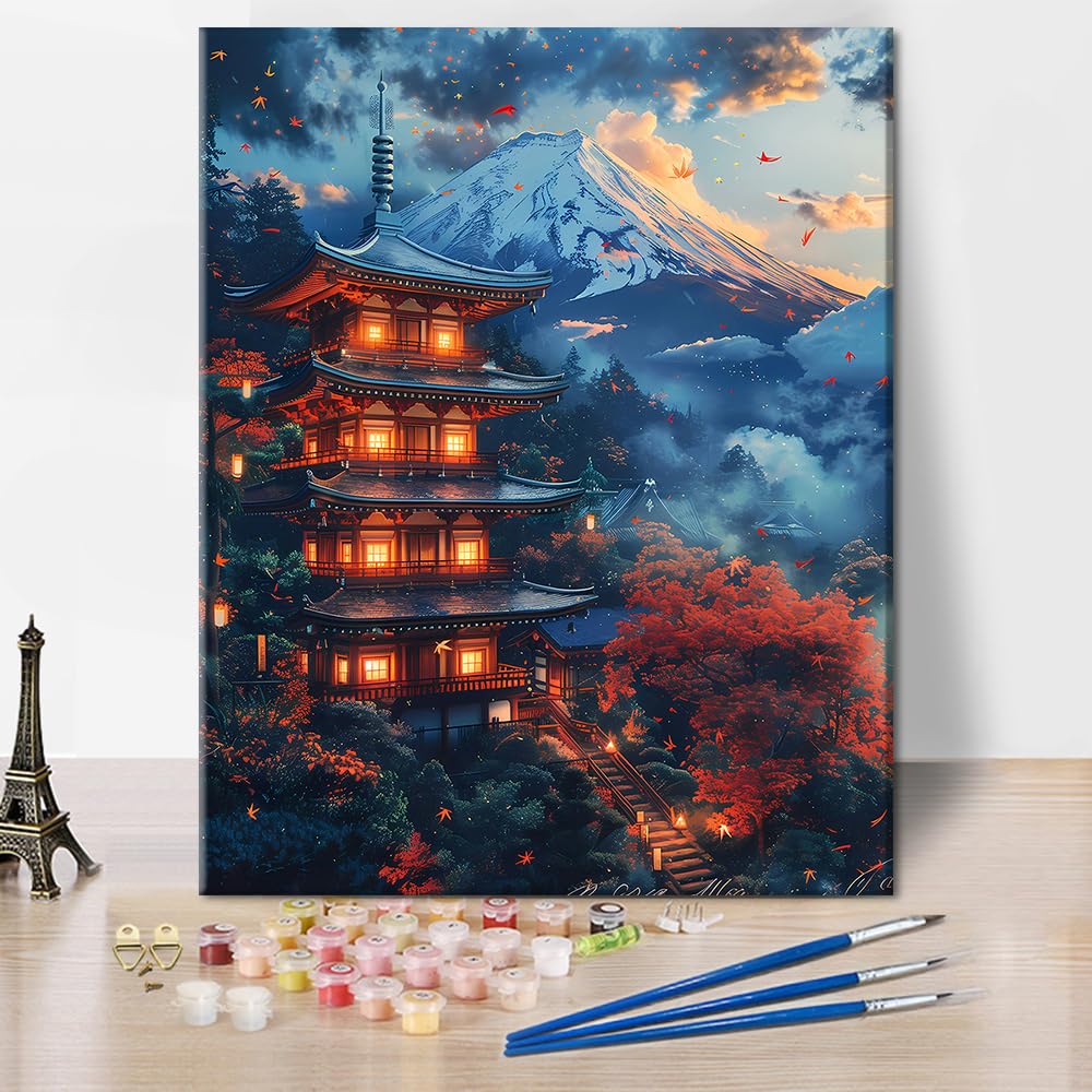 Mountain DIY Paint by Numbers for Adults, Japanese Style Cityscape Paint by Numbers Kits with Paintbrushes and Acrylic Pigment, 16X20 Inch Flameless Canvas Wall Decor Oil Painting for Friends Family TUMOVO