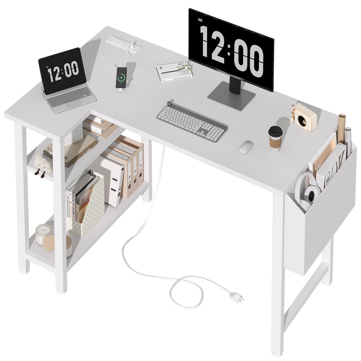 DLisiting White L Shaped Computer Desk with Power Outlet Shelves, 40 Inch Small Corner Desk for Small Space Home Office, Study Work PC Desks for Bedroom, White DLisiting