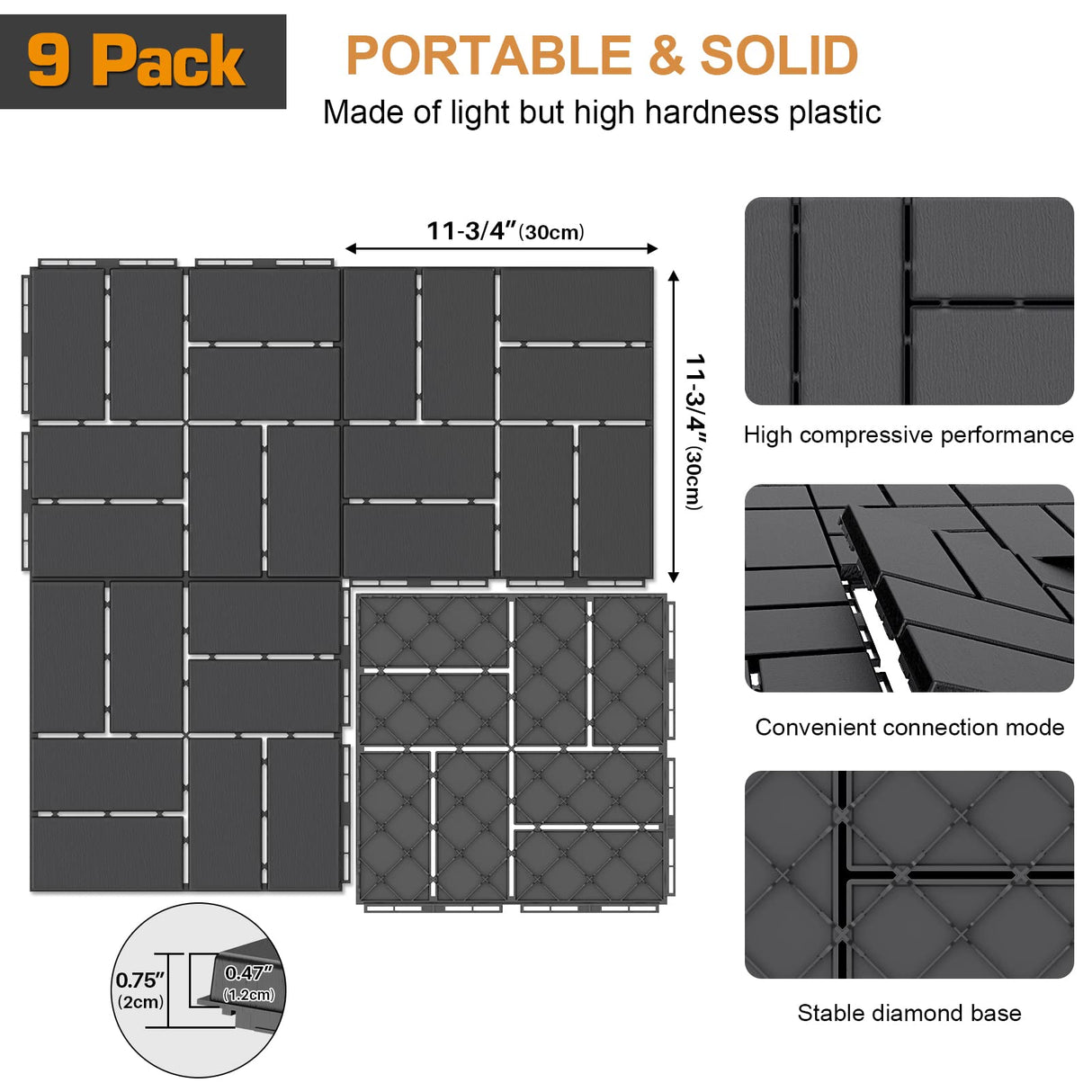 Goovilla Plastic Interlocking Deck Tiles, 9 Pack Outdoor Patio Flooring, 12"x12" Interlocking Decking Tile Outdoor All Weather Use, Waterproof Patio Pavers for Pool Balcony Backyard Porch, Dark Grey Goovilla