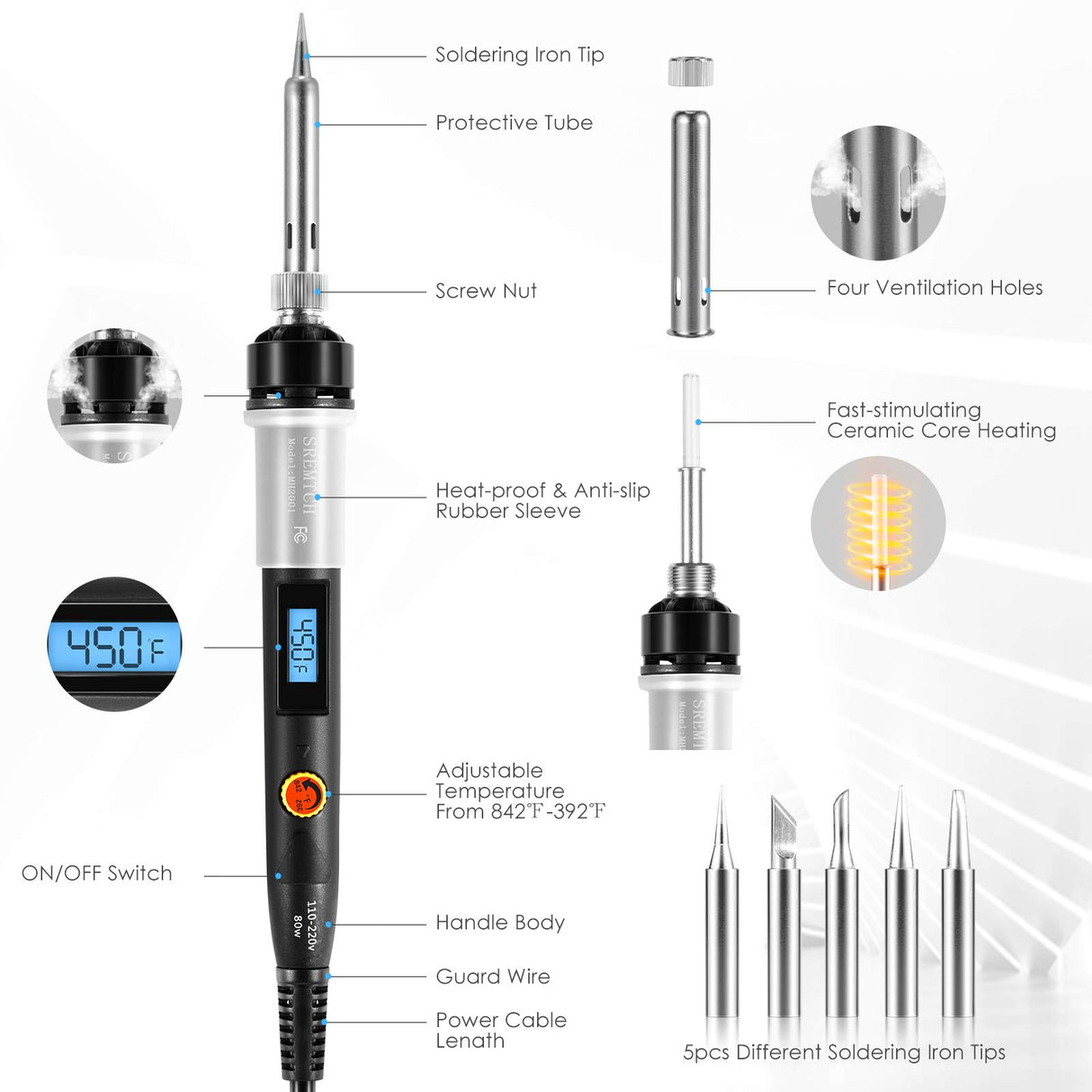 Electronics Soldering Iron, SREMTCH 80W Precision Soldering Iron Kit with LCD Display, Professional Soldering Iron Kit with Adjustable Temperature 392℉ - 842℉, ON/OFF Switch, Welding Accessories SREMTCH